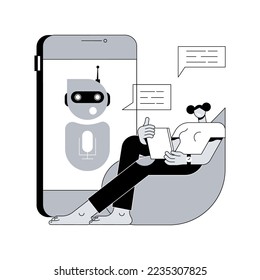 Chatbot virtual assistant abstract concept vector illustration. internet, online smart robot, device conversation, media dialog, system project, technology, web software app abstract metaphor.