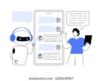 Chatbot virtual assistant abstract concept vector illustration. internet, online smart robot, device conversation, media dialog, system project, technology, web software app abstract metaphor.