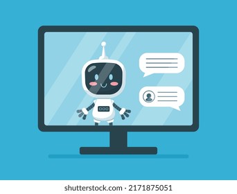 Chatbot or virtual assistant of customer and technical support online service, flat vector illustration isolated on blue background. Chat with robot on computer screen.