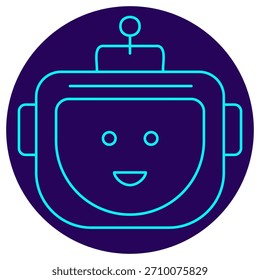 Chatbot - Virtual Assistant icon. Vector thin line illustration on a round dark blue background. Minimalist graphic of a friendly robot head, symbolizing artificial intelligence, customer service