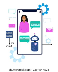 Chatbot vs livechat. Character and online robot. Virtual assistant. Artificial intelligence technology concept. Flat vector illustration.