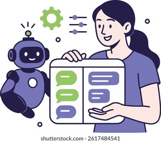Chatbot and Woman Holding Chat Interface Vector Illustration.
