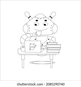 El bot de charla trabajando en una laptop, tomando café y sonriendo. Asistente de robots. Bot de chat. AI, Trabajar con clientes. Ilustración vectorial de línea negra