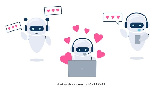 Chatbot writes a love message. Concept of love, help, support. Valentine's Day design. Set of vector robots for congratulations.