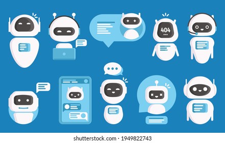 Chatbots or ai chat bots, vector artificial intelligence and future smart technology. Flat robots of online customer support, virtual assistant with speech bubbles, mobile app interface screen