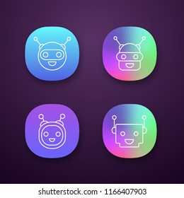 Chatbots app icons set. UI/UX user interface. Talkbots. Laughing virtual assistants. Conversational agents. Modern robots. Web or mobile applications. Vector isolated illustrations