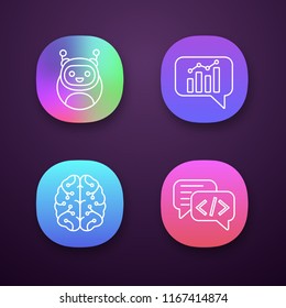 Chatbots app icons set. UI/UX user interface. Virtual assistants. Code, statistics, support chat bots. Modern robots. Digital brain. AI. Web or mobile applications. Vector isolated illustrations