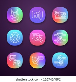 Chatbots app icons set. UI/UX user interface. Graph, support, code, messenger, chat bots. Modern robots. Chatterbots. Virtual assistants. Web or mobile applications. Vector isolated illustrations