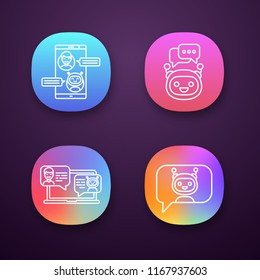 Chatbots app icons set. UI/UX user interface. Virtual assistants. Messenger and chat bots. Modern robots. Smartphone and laptop chatterbots. Web or mobile applications. Vector isolated illustrations