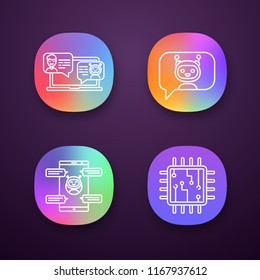 Chatbots app icons set. UI/UX user interface. Virtual assistants. Messenger and chat bots. Processor. Modern robots. Smartphone chatterbots. Web or mobile applications. Vector isolated illustrations