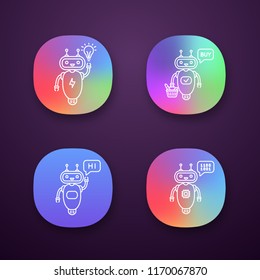 Chatbots app icons set. UI/UX user interface. Talkbots. Virtual assistants. New idea, buy, hi, code chat bots. Modern robots. Web or mobile applications. Vector isolated illustrations