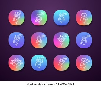 Chatbots app icons set. UI/UX user interface. Virtual assistants. Talkbots. Chat, error, buy, free, repair, idea bots. Modern robots. Web or mobile applications. Vector isolated illustrations