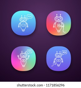 Chatbots app icons set. UI/UX user interface. Talkbots. Virtual assistants. Typing, USB, question, not found chat bots. Modern robots. Web or mobile applications. Vector isolated illustrations