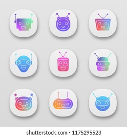 Chatbots app icons set. UI/UX user interface. Modern robots emojis. Laughing, happy chat bot smileys. Virtual assistants. Web or mobile applications. Vector isolated illustrations