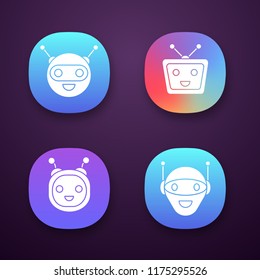 Chatbots app icons set. UI/UX user interface. Talkbots. Laughing virtual assistants. Conversational agents. Modern robots. Web or mobile applications. Vector isolated illustrations