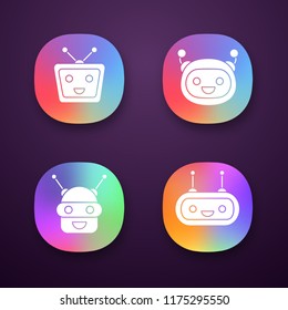 Chatbots app icons set. UI/UX user interface. Talkbots. Laughing virtual assistants. Conversational agents. Modern robots. Web or mobile applications. Vector isolated illustrations