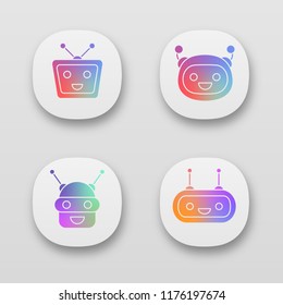 Chatbots app icons set. UI/UX user interface. Talkbots. Laughing virtual assistants. Conversational agents. Modern robots. Web or mobile applications. Vector isolated illustrations