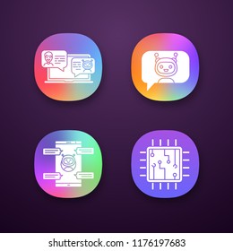 Chatbots app icons set. UI/UX user interface. Virtual assistants. Messenger and chat bots. Processor. Modern robots. Smartphone chatterbots. Web or mobile applications. Vector isolated illustrations