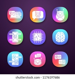 Chatbots app icons set. UI/UX user interface. Talkbots. Support service, chat, messenger bots. Modern robots. Digital brain and processor. Web or mobile applications. Vector isolated illustrations