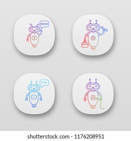 Chatbots app icons set. UI/UX user interface. Talkbots. Virtual assistants. Repair, error, USB, typing chat bots. Modern robots. Web or mobile applications. Vector isolated illustrations