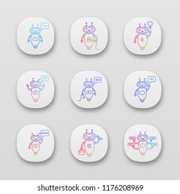 Chatbots app icons set. UI/UX user interface. Talkbots. Typing, USB, idea, question, not found, hi, error, repair, chat bots. Modern robots. Web or mobile applications. Vector isolated illustrations