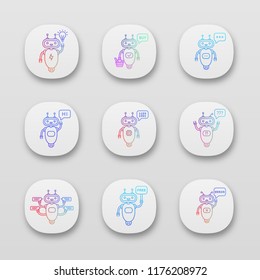 Chatbots app icons set. UI/UX user interface. Talkbots. Idea, buy, text, hi, code, question, chat, free, error bots. Modern robots. Web or mobile applications. Vector isolated illustrations