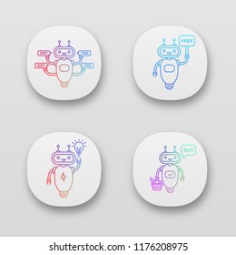 Chatbots app icons set. UI/UX user interface. Talkbots. Virtual assistants. Support service, free, new idea, buy chat bots. Modern robots. Web or mobile applications. Vector isolated illustrations