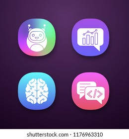 Chatbots app icons set. UI/UX user interface. Virtual assistants. Code, statistics, support chat bots. Modern robots. Digital brain. AI. Web or mobile applications. Vector isolated illustrations
