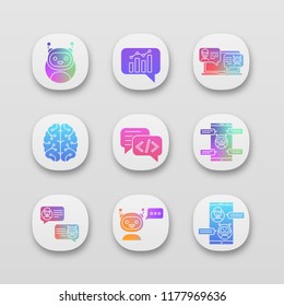 Chatbots app icons set. UI/UX user interface. Graph, support, code, messenger, chat bots. Modern robots. Chatterbots. Virtual assistants. Web or mobile applications. Vector isolated illustrations
