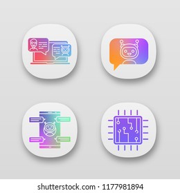Chatbots app icons set. UI/UX user interface. Virtual assistants. Messenger and chat bots. Processor. Modern robots. Smartphone chatterbots. Web or mobile applications. Vector isolated illustrations