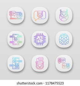 Chatbots app icons set. UI/UX user interface. Talkbots. Support service, chat, messenger bots. Modern robots. Digital brain and processor. Web or mobile applications. Vector isolated illustrations