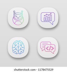 Chatbots app icons set. UI/UX user interface. Virtual assistants. Code, statistics, support chat bots. Modern robots. Digital brain. AI. Web or mobile applications. Vector isolated illustrations