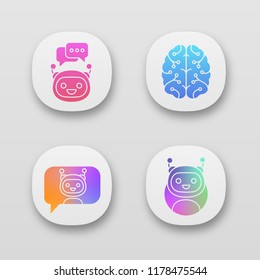Chatbots app icons set. UI/UX user interface. Virtual assistants. Messenger and chat bots. Processor. Digital brain. Modern robots. Web or mobile applications. Vector isolated illustrations