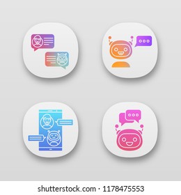 Chatbots app icons set. UI/UX user interface. Virtual assistants. Messenger and chat bots. Modern robots. Smartphone and laptop chatterbots. Web or mobile applications. Vector isolated illustrations
