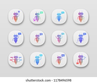 Chatbots app icons set. UI/UX user interface. Virtual assistants. Talkbots. Chat, error, buy, free, repair, idea bots. Modern robots. Web or mobile applications. Vector isolated illustrations