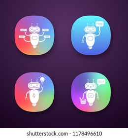 Chatbots app icons set. UI/UX user interface. Talkbots. Virtual assistants. Support service, free, new idea, buy chat bots. Modern robots. Web or mobile applications. Vector isolated illustrations