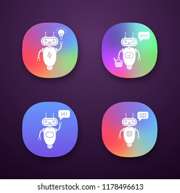 Chatbots app icons set. UI/UX user interface. Talkbots. Virtual assistants. New idea, buy, hi, code chat bots. Modern robots. Web or mobile applications. Vector isolated illustrations