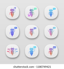 Chatbots app icons set. UI/UX user interface. Talkbots. Idea, buy, text, hi, code, question, chat, free, error bots. Modern robots. Web or mobile applications. Vector isolated illustrations