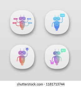 Chatbots app icons set. UI/UX user interface. Talkbots. Virtual assistants. Support service, free, new idea, buy chat bots. Modern robots. Web or mobile applications. Vector isolated illustrations