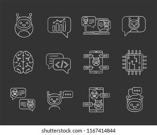 Chatbots chalk icons set. Chat bots. Talkbots. Virtual assistants. Support, chat, code, messenger bots. Online helpers. Isolated vector chalkboard illustrations