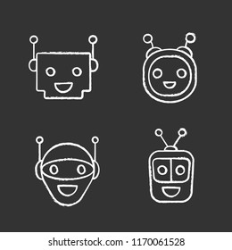 Chatbots chalk icons set. Talkbots. Laughing virtual assistants collection. Modern robots. Conversational agents. Isolated vector chalkboard illustrations