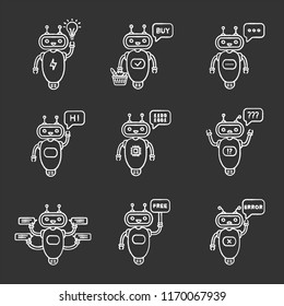 Chatbots chalk icons set. Talkbots. Idea, buy, text, hi, code, question, chat, free, error bots. Modern robots. Isolated vector chalkboard illustrations