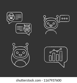 Chatbots chalk icons set. Virtual assistants. Messenger, graph and chat bots. Modern robots. Smartphone chatterbots. Isolated vector chalkboard illustrations