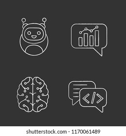 Chatbots chalk icons set. Virtual assistants. Code, statistics, support chat bots. Modern robots. Digital brain. Chatterbots. AI. Isolated vector chalkboard illustrations