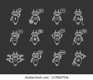 Chatbots chalk icons set. Virtual assistants. Talkbots. Chat, error, buy, free, repair, idea bots. Modern robots. Isolated vector chalkboard illustrations