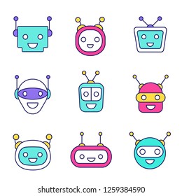 Chatbots color icons set. Modern robots emojis. Laughing, happy chat bot smileys. Virtual assistants. Isolated vector illustrations