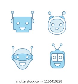 Chatbots color icons set. Talkbots. Laughing virtual assistants collection. Modern robots. Conversational agents. Isolated vector illustrations