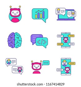 Chatbots color icons set. Talkbots. Graph, support, code, messenger, chat bots. Modern robots. Chatterbots. Virtual assistants. Isolated vector illustrations