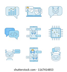 Chatbots color icons set. Talkbots. Graph, support, code, messenger, chat bots. Modern robots. Chatterbots. Virtual assistants. Isolated vector illustrations