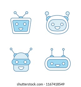 Chatbots color icons set. Talkbots. Laughing virtual assistants collection. Conversational agents. Modern robots. Isolated vector illustrations